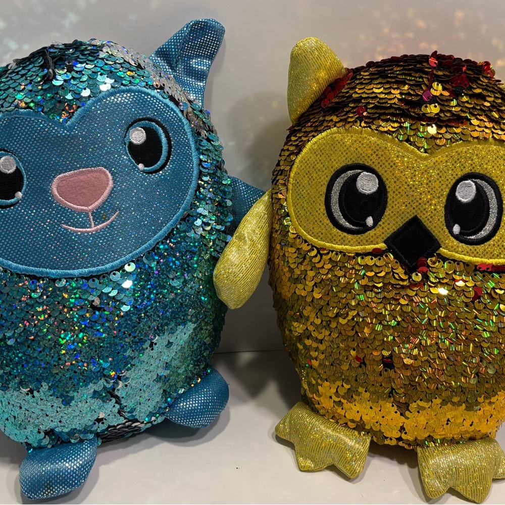 2 Shimmeez 8” sequin plush animals Lainey Lamb & Oakley Owl. Reversible sequins